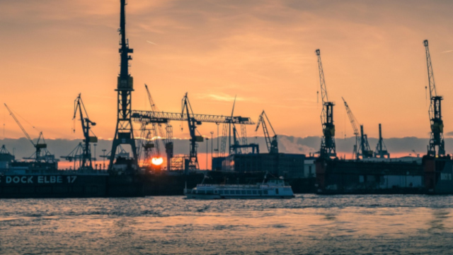 Hamburg harbor at sundown