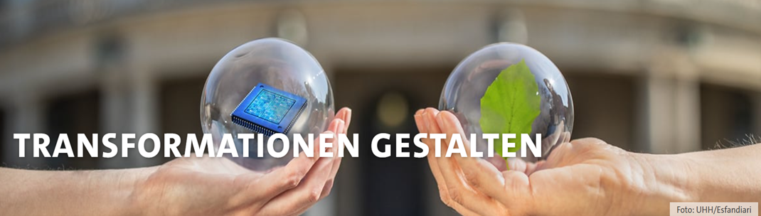 Zwei durchsichtige Kugeln mit Text "Transformationen gestalten"