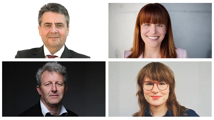 Mosaik aus vier Fotos der Diskussionsteilnehmer*innen: Prof. Sigmar Gabriel, Dr. Julia Reuschenbach, Prof. Dr. Philip Manow und Martina Kix, von links oben nach rechts unten