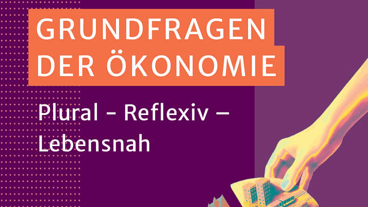 Buchcover: "Grundfragen der Ökonomie"; violetter Hintergrund; es ist eine Hand zu sehen, die ein Drittel eines Kreises in der Hand hält