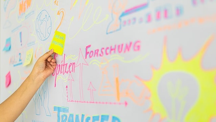 f250812-new-work-esfandiari-2999-733x414 White Board mit Worten in Neonschrift zum Beispiel Forschung und Transfer
