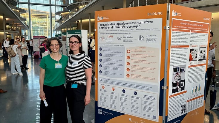 Die Studentin Lea Rieser und Prof. Nina Perkowski vor dem Poster der Studentin im Bundestag
