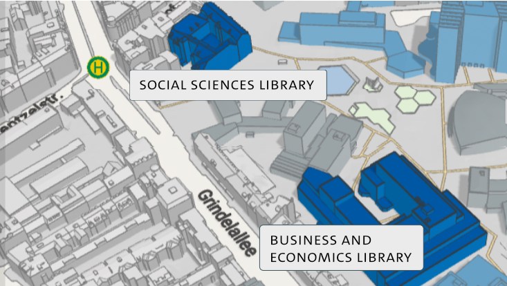 Stadtplan mit den Standorten der Bibliothek/Map with the locations of the library