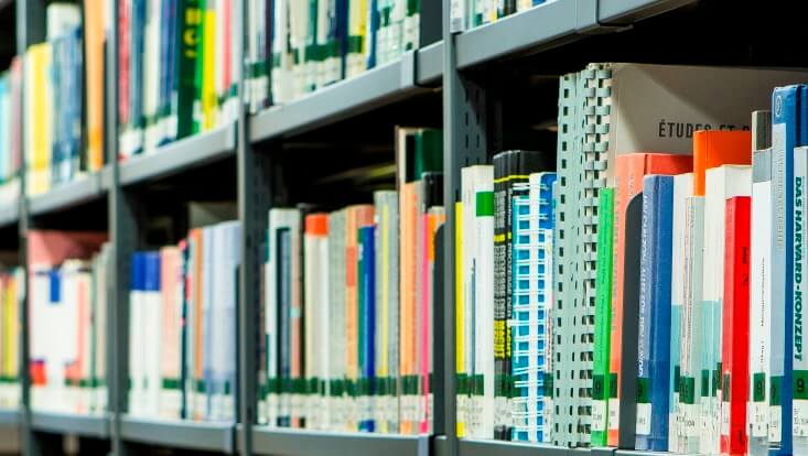 Ausleihbestand/Loan options Regal mit Büchern/Shelves with books