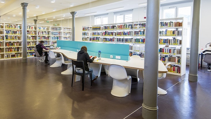 Regale mit Büchern, großer Tisch, einzelne arbeitende Studierende/Shelves with books, a large Table, a couple of students working
