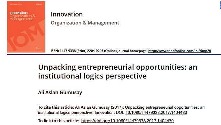 "Unpacking entrepreneurial opportunities: an institutional logics perspective” authored by Dr. Ali Aslan Gümüsay