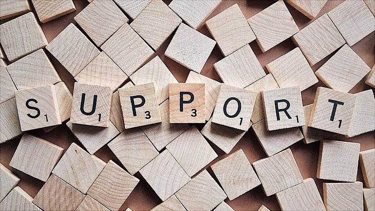 Kleine Holzklötze mit aufgedruckten Buchstaben, die nebeneinander liegend das Wort "support" ergeben.