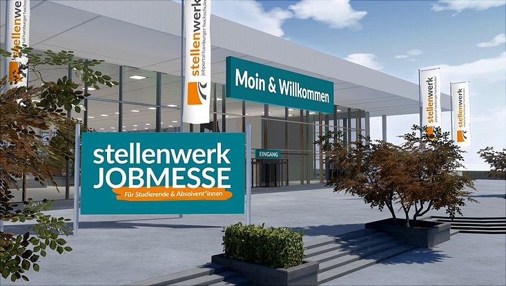 Grafische Darstellung eines Messegebäudes mit Beschriftung "stellenwerk Jobmesse"