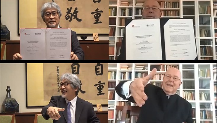 Signing the contract and shaking hands via online conference