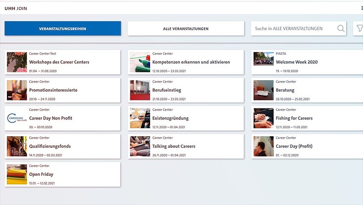 Screenshot der Startseite des Buchungssystems UHH JOIN