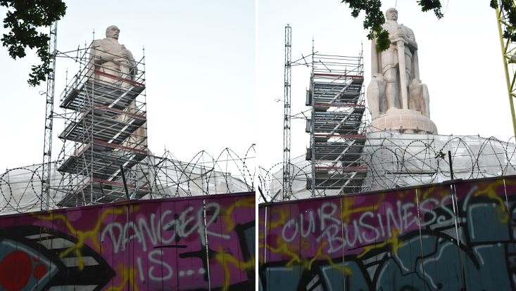 Graffiti am Bauzaun vor dem Hamburger Bismarck-Denkmal