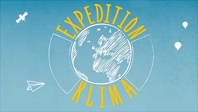 Weiße Weltkugel-Grafik auf hellblauem Hintergrund und umrandet mit dem gelben Schriftzug "Expedition Klima"