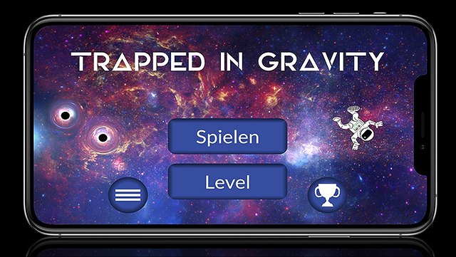 Smartphone mit dem Startbildschirm vom Spiel "Trapped in gravity"
