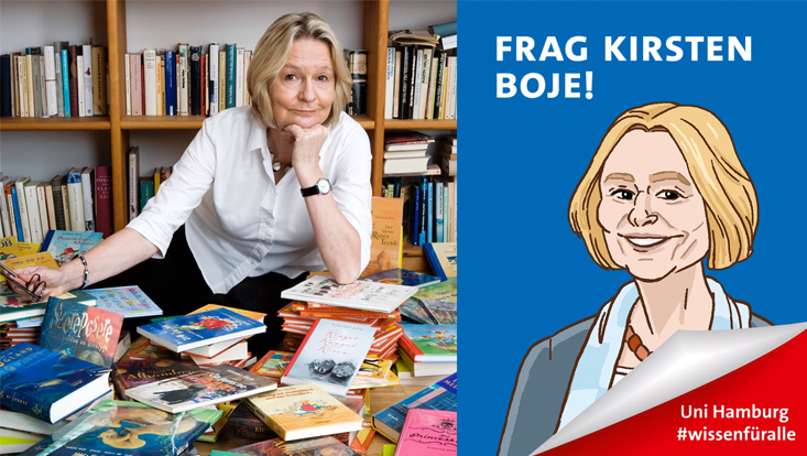 Illustration und Foto zum Online-Event mit Kirsten Boie: Links sieht man Kirsten Boie vor vielen Büchern; rechts sieht man eine Illustration von Kirsten Boie