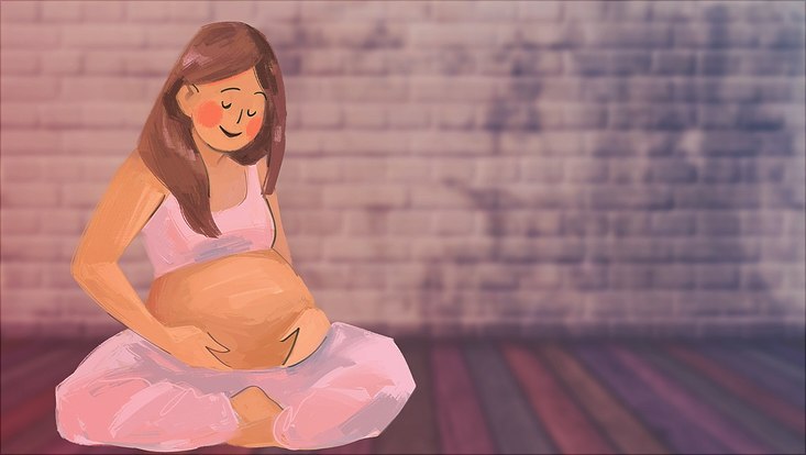 Grafik von schwangeren Frau in Yoga-Kleidung, im Schneidersitz auf dem Boden