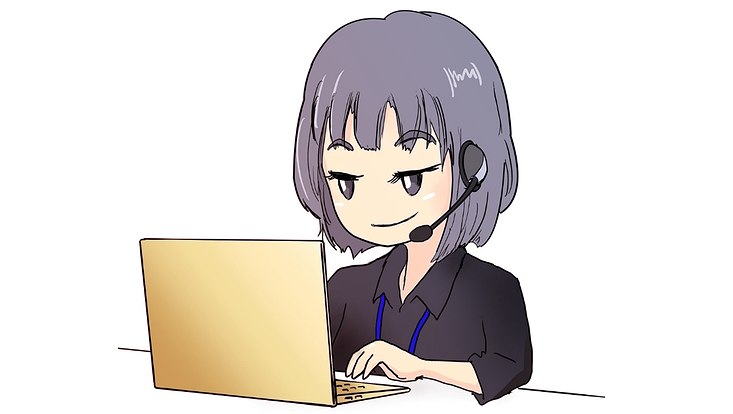 Ein gezeichnetes Bild von einer weiblichen Person, die vor einem Laptop sitzt.