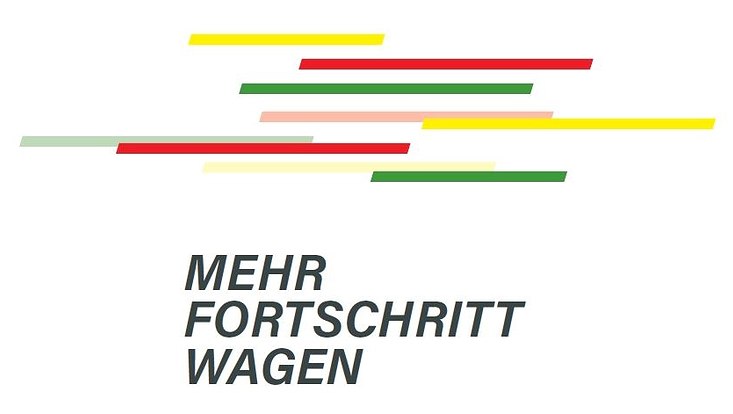 gelbe, rote und grüne waagerechte Balken; Schriftzug: MEHR FORTSCHRITT WAGEN