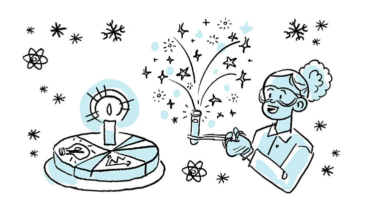 Zeichnung: Torte und Sterne aus einem Reagenzglas