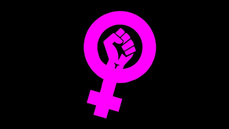 Schwarzer Hintergrund mit Aufdruck Symbol für Frauen in lila, mit Faust im Kreis