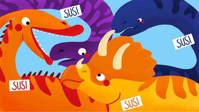 Die Grafik zeigt vier Dinosaurier. Einer ist lila, einer dunkelblau, einer orange und einer gelb. Alle schauen sich gegenseitig an. Neben jedem Dino steht der Name „Susi“.