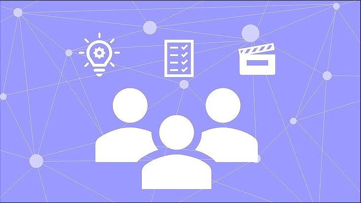 Grafik mit Icons: Drei Personen, drei Symbole für Ideen und Projekte und Netztwerklinien dazwischen