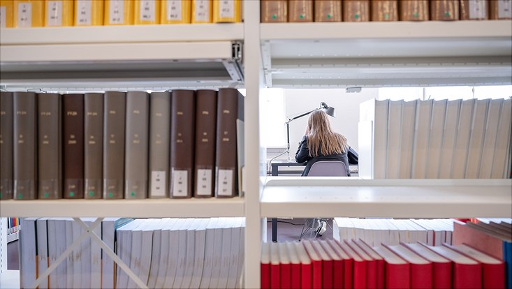 Studentin sitzt in der Bib.