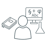 Piktogramm einer Person vor einem Computer Bildschirm mit Formeln, einem Buch und einem Reagenzglas.