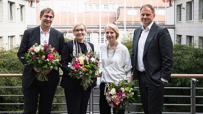 Following confirmation by the Academic Senate (from left): Tilo Böhmann, Natalia Filatkina, Jetta Frost, and Hauke Heekeren