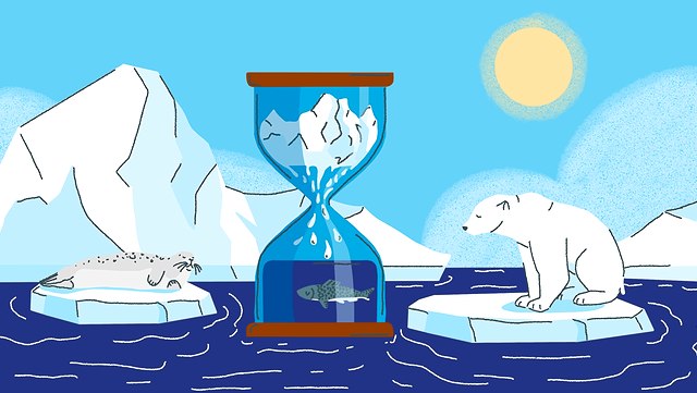 Links ist eine Robbe und rechts ein Eisbär jeweils auf einer Eisscholle abgebildet. In der Mitte schwimmt eine Sanduhr, in der Eis schmilzt und runterläuft. Im unteren Teil schwimmt ein Fisch im Schmelzwasser. Im Hintergrund sind Eisberge abgebildet