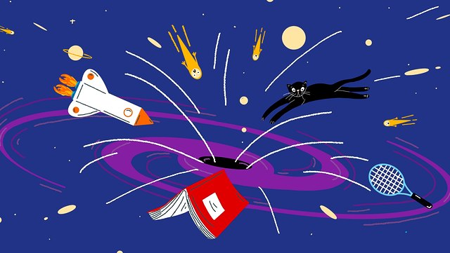 Illustration eines Schwarzen Lochs. Es saugt ein Buch, einen Tennisschläger, eine Katze, eine Rakete, Sterne und Planeten ein.