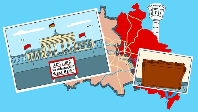 Rechts ist ein Bild der Berliner Mauer, hinter der das Brandenburger Tor abgebildet ist. Rechts ist ein Bild eines Koffers. Im Hintergrund ist eine Karte des zweigeteilten Berlins.