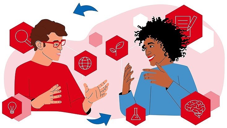 Grafik von zwei Personen im Gespräch umgeben von Icons zum Thema Wissen und Kommunikation
