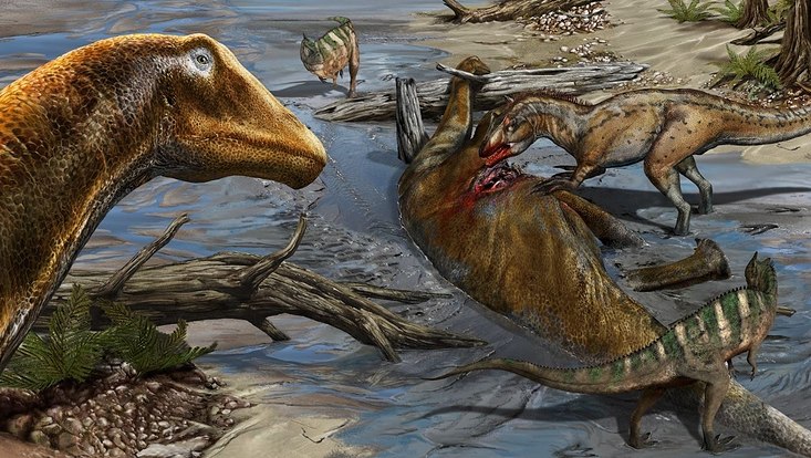 Rekonstruktion Bild mit mehreren Dinosauriern