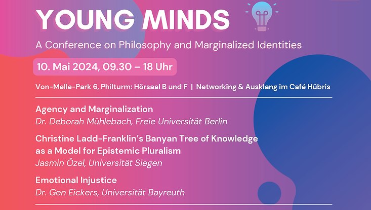 Pink-lila Hintergrund mit dem Titel der Tagung und Titeln der drei Gastvorträgen