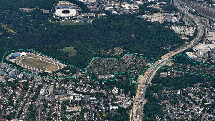 Luftbild mit Umriss der Quartiere am Vokspark