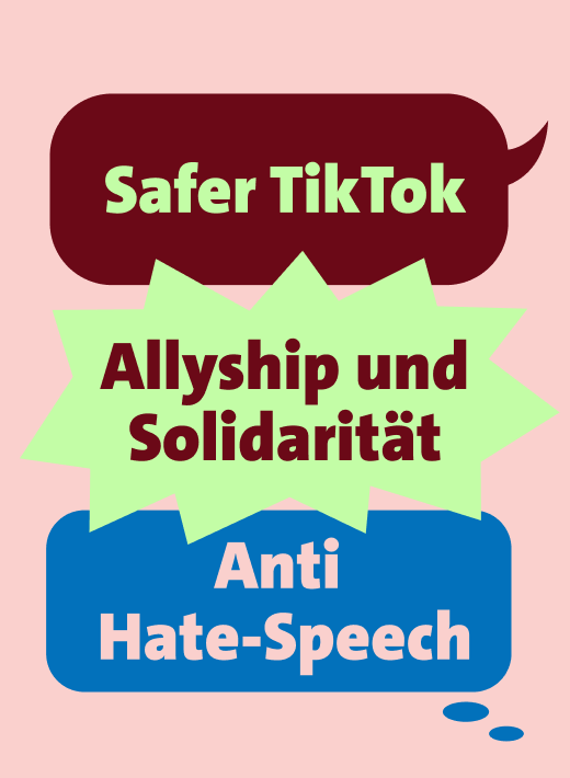 Das Bild zeigt drei Slogans: "Safer TikTok", "Allyship und Solidarität" und "Anti Hate-Speeh" auf einem hellrosa Hintergrund.