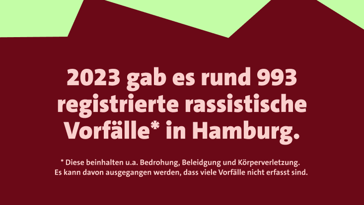 2023 gab es rund 993 rassistische Vorfälle in Hamburg. Hinweis: Viele Vorfälle sind nicht erfasst. Text auf dunkelrotem Hintergrund.