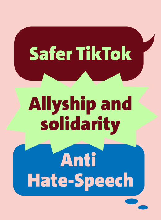 The image shows "Safer TikTok," "Allyship and solidarity," and "Anti Hate-Speech" in colorful speech bubbles on a pink background.