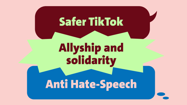 The image shows "Safer TikTok," "Allyship and solidarity," and "Anti Hate-Speech" in colorful speech bubbles on a pink background.