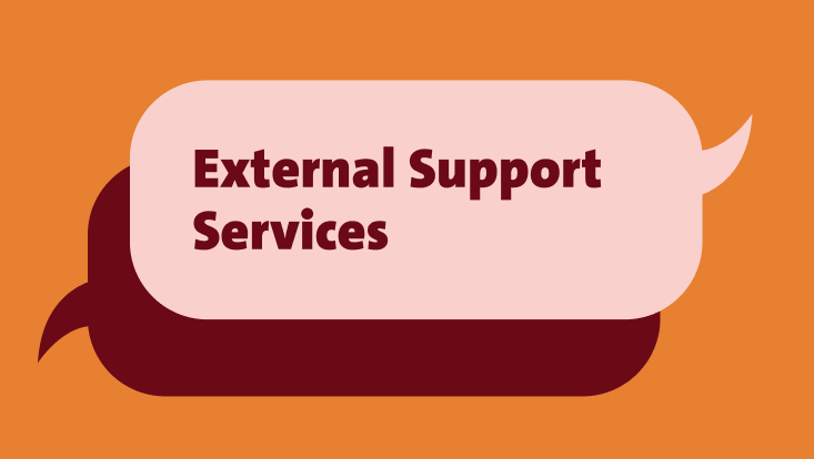 The image shows the text "External Support Services" in dark red on a light pink speech bubble. Behind it, there is a darker red speech bubble shadow. The background is orange.