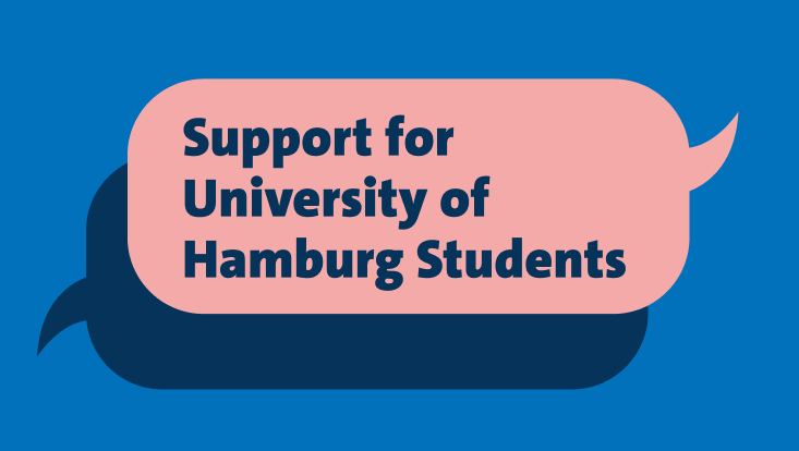 The image displays the text "Support for University of Hamburg Students" in dark blue on a pink speech bubble. Behind it, there is a dark blue speech bubble shadow. The background is blue.