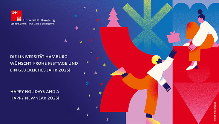 Bunte Illustration mit zwei Menschen, die sich ein Geschenk geben und dem Schriftzug "Die Universität Hamburg wünscht frohe Festtage und ein glückliches Jahr 2025!"