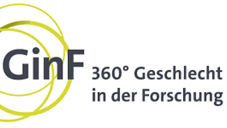 German Logo of GinF. Black letters on white backround: GinF. 360° Geschlecht in der Forschung. English translation: Gender in Research.