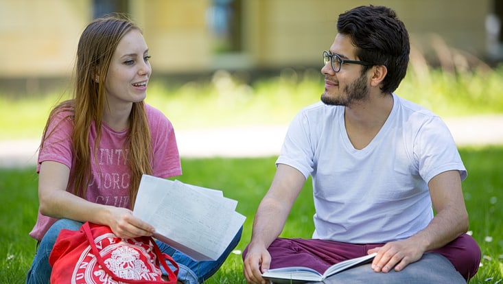 Zwei Studierende sitzen auf einer Wiese im Freien und unterhalten sich freundlich. Die Frau linkshält mehrere beschriebene Blätter in der Hand. Der Mann rechts hält ein geöffnetes Buch auf seinem Schoß.