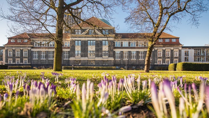 Rücksansicht Hauptgebäude Uni Hamburg mit Krokussen im Vordergrund