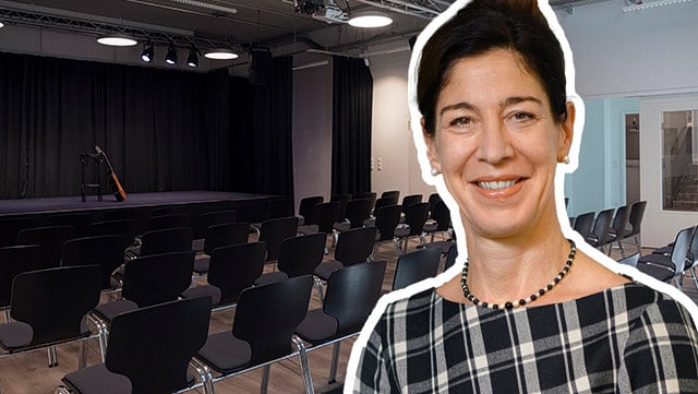 Porträtfoto Prof. Dr. Anne van Aaken und der Saal der Kunstklinik