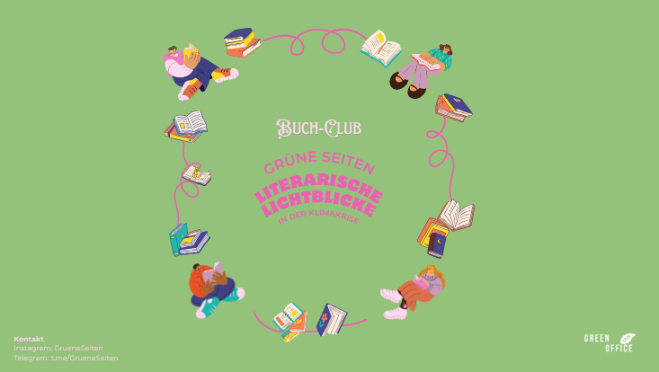 Text "Buchclub Grüne Seiten - Literarische Lichtblicke in der Klimakrise" vor einem grünen Hintergrund, darum herum sind lesende Personen und Bücher animiert