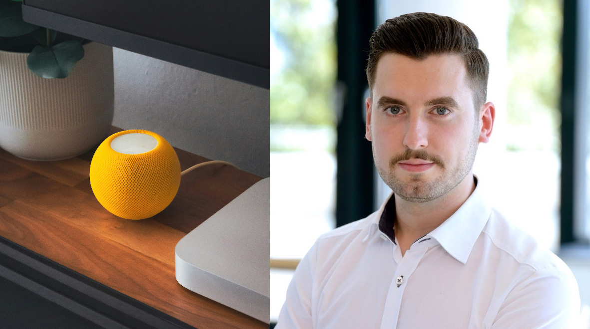 Smart Speaker und Porträt des Hauptautors der Studie Levent Uyar von der University of Hamburg Business School