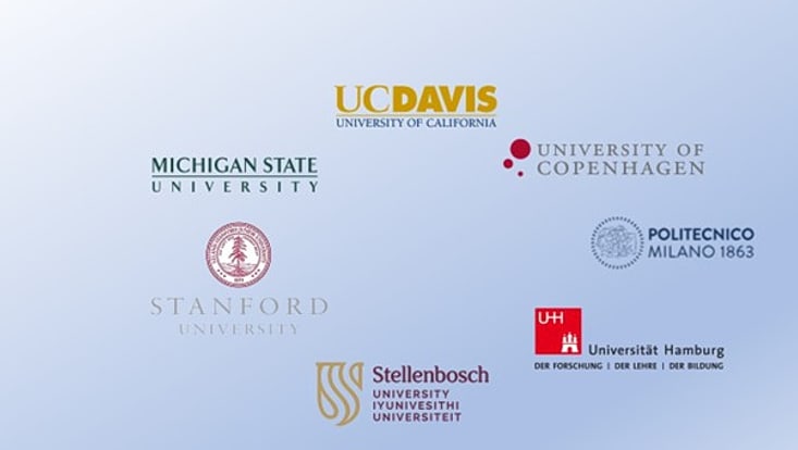 Logos verschiedener Universtitäten, Michigan State Universtity, University of California, Universtity of Copenhagen, Standford Universtiy, Stellebosch University, Politechnico Milano, University of Hamburg