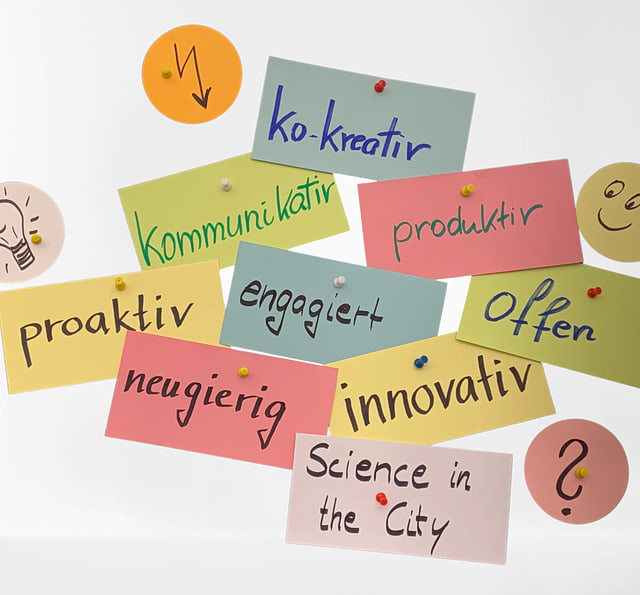 04-03-foerderung-transferfonds-2023-640x595 Moderation cards in different colours with the words co-creative, communicative, productive, proactive, committed, open, curious, innovative, Science in the City